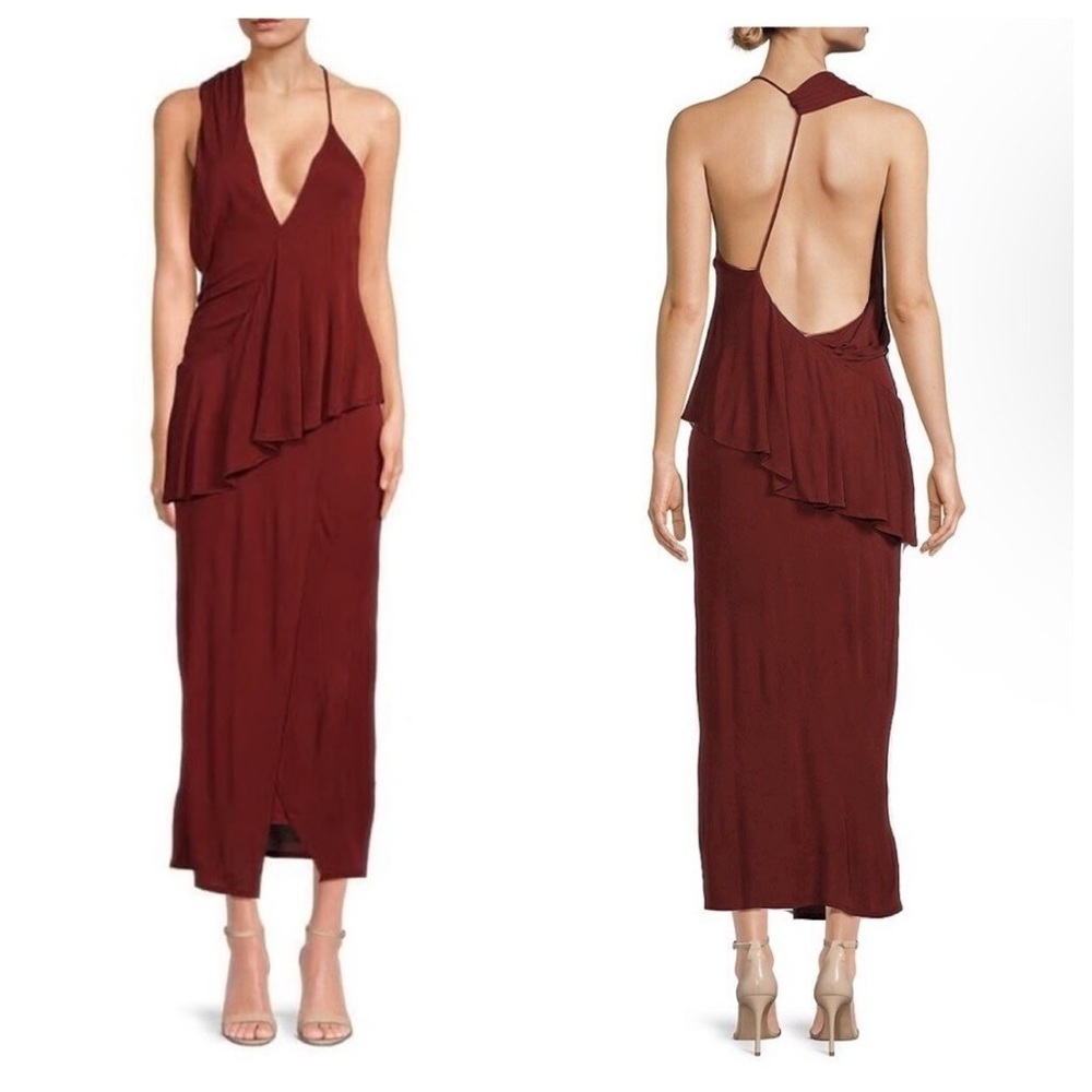 NEW REISS Xena Strappy Open Back Cocktail Midi Dress Dark Red - Picture 4 of 6